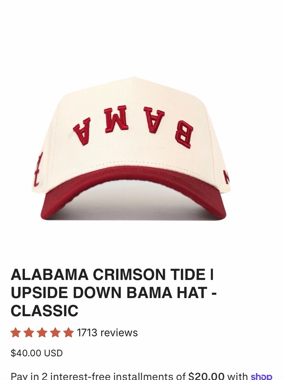 Alabama Crimson Tide Upside Down Bama Hat - Cream/Crimson